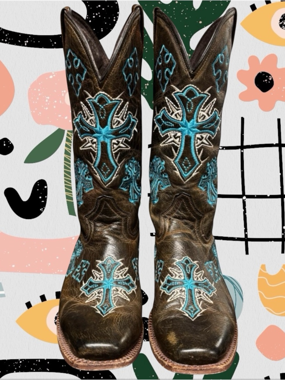 Pecos Bill | Women’s Genuine Leather Cross Embroidered Western Cowboy Boots